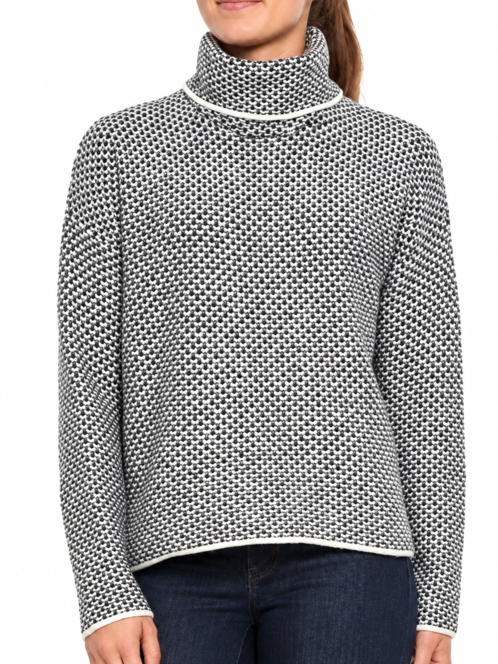 Christian Siriano Black White Textured Knit Piped Turtleneck Sweater L